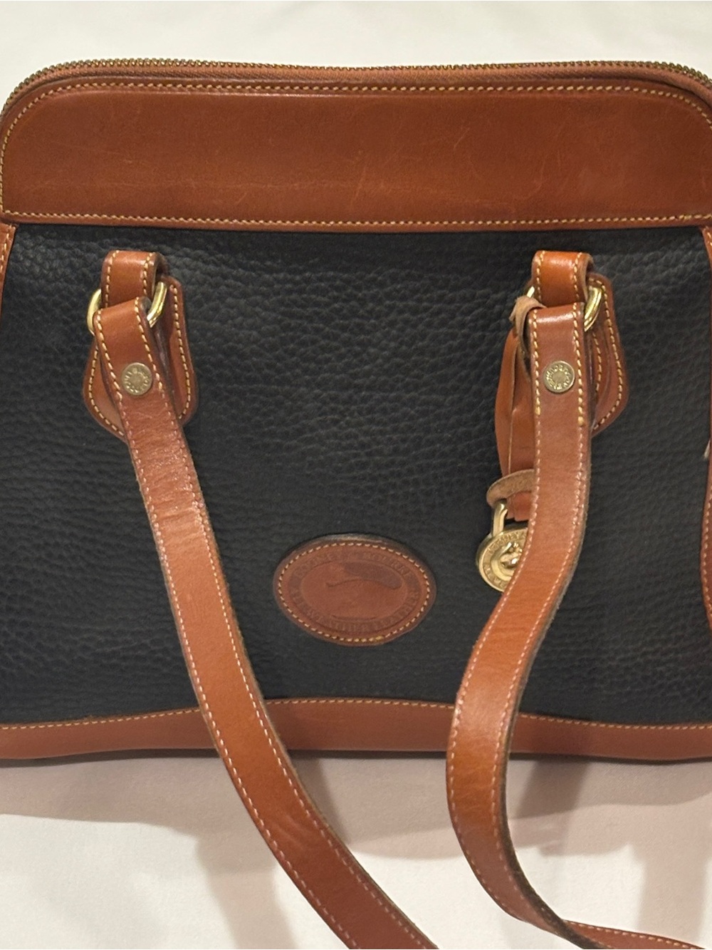 Dooney & Bourke Vintage AWL Leather Satchel Black Brown Trim Made in USA Purse